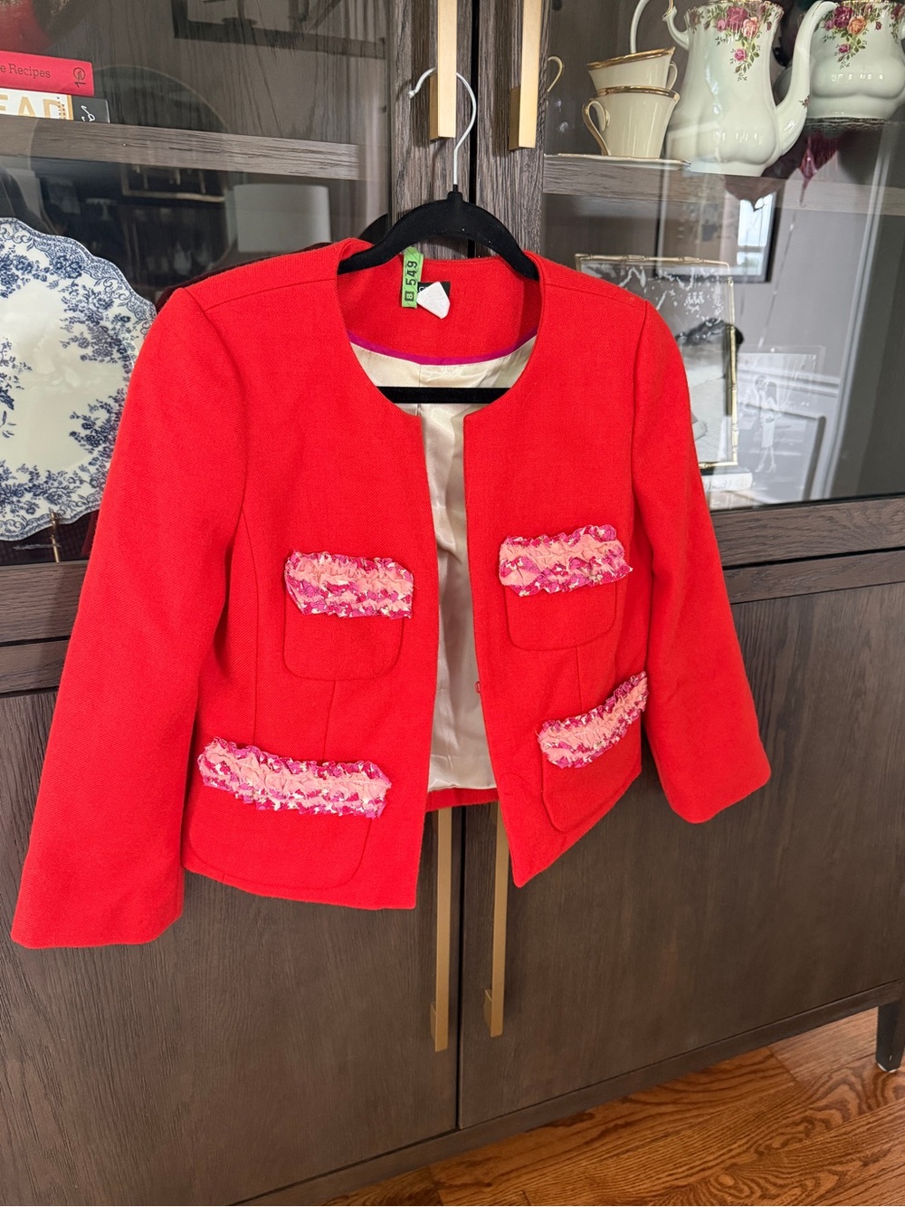 Vintage J. Crew Red Open-Front Blazer with Pink Trim 100% Wool